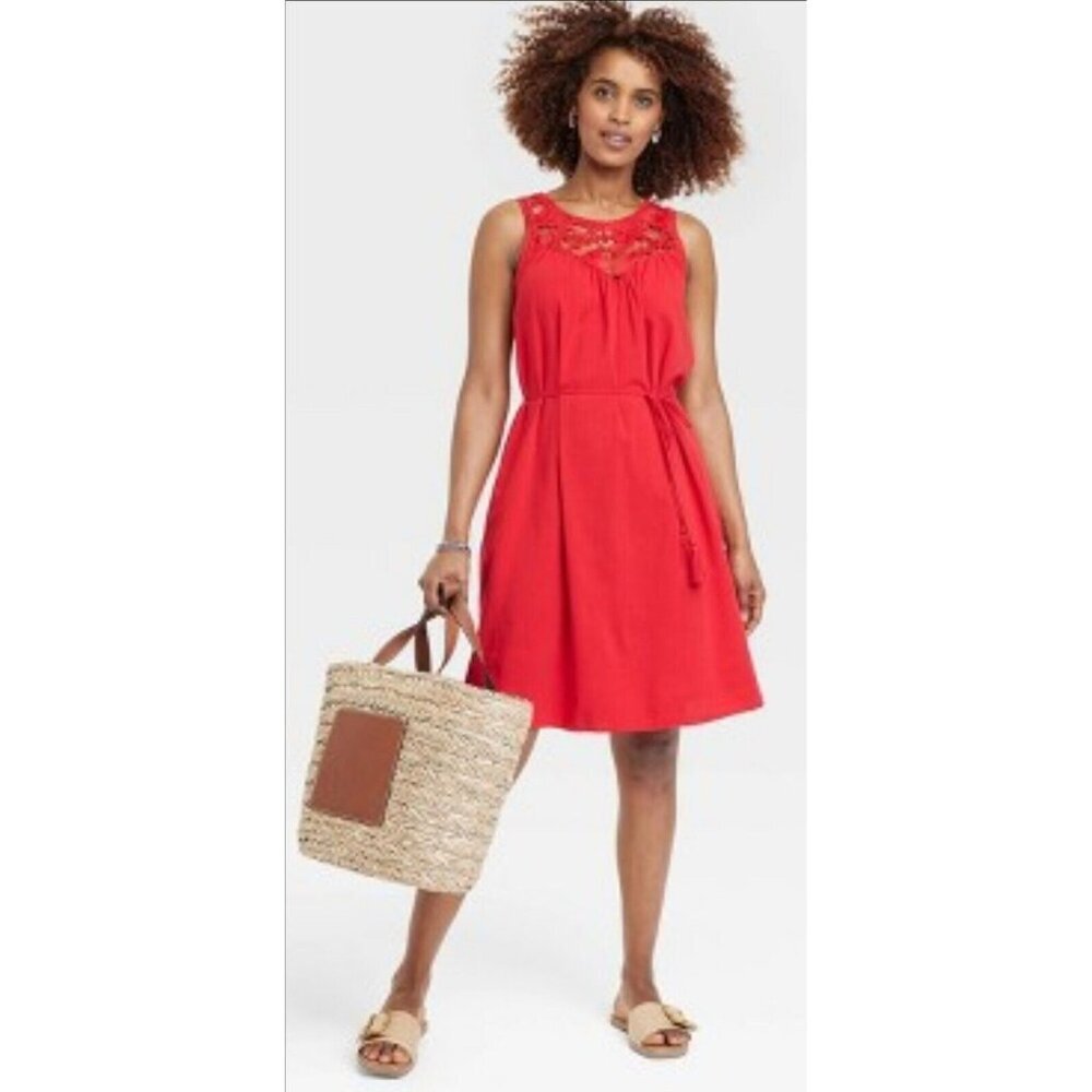 Knox Rose Sleeveless Cherry Red Crochet Belted Knee Length Dress W Pockets XL Nw
